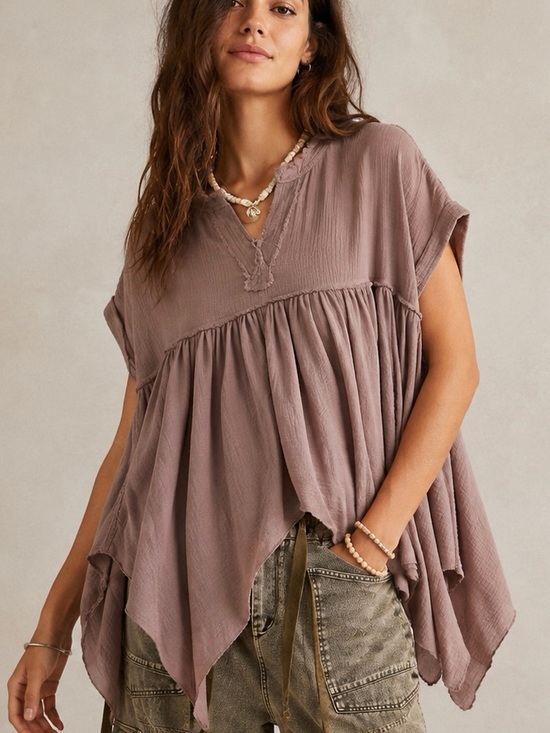 We The Free Tops - Free People Sugar Rush Babydoll Top XS Mauve Oversized Boho Handkerchief EUC